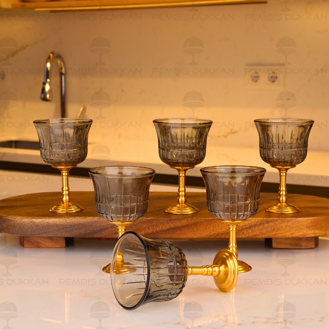 GOLD AYAKLI FÜME 6 KİŞİLİK KAHVE YANI KADEH