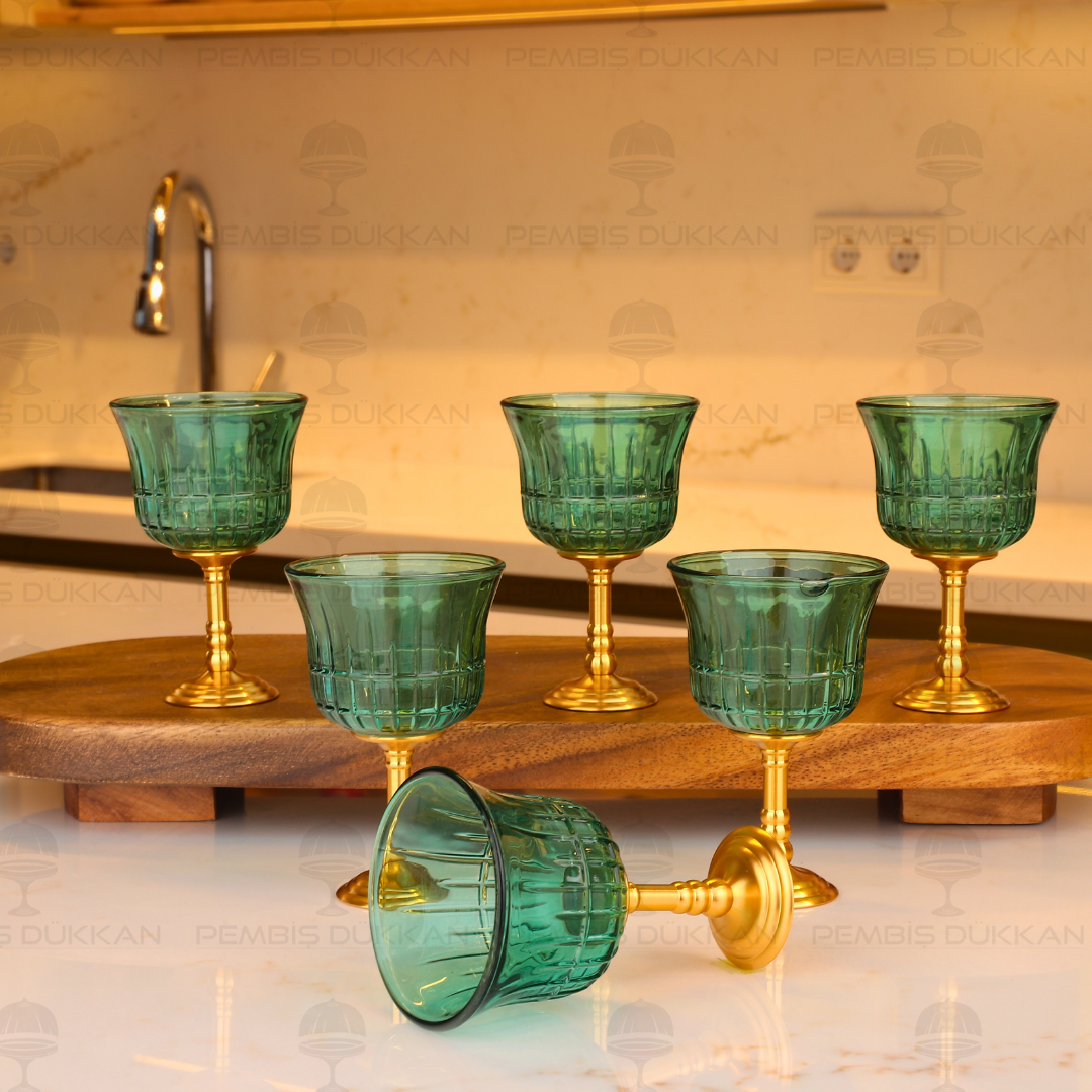 GOLD AYAKLI YEŞİL 6 KİŞİLİK KAHVE YANI KADEH