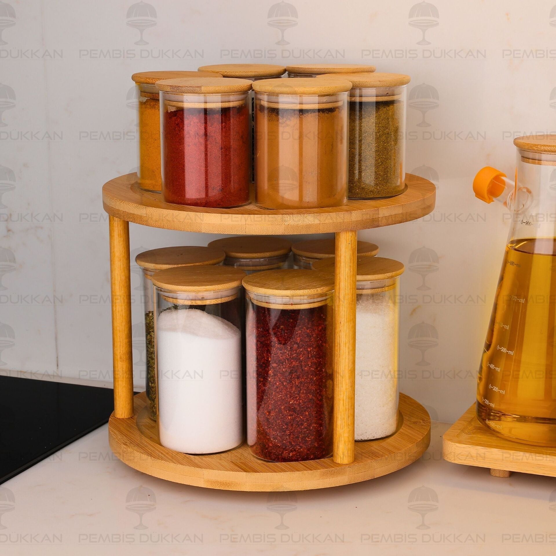 2 KATLI DÖNEN TEZGAH ÜSTÜ, 12Lİ BAMBU KAPAKLI BAHARATLIK SET (426-6508-6512)