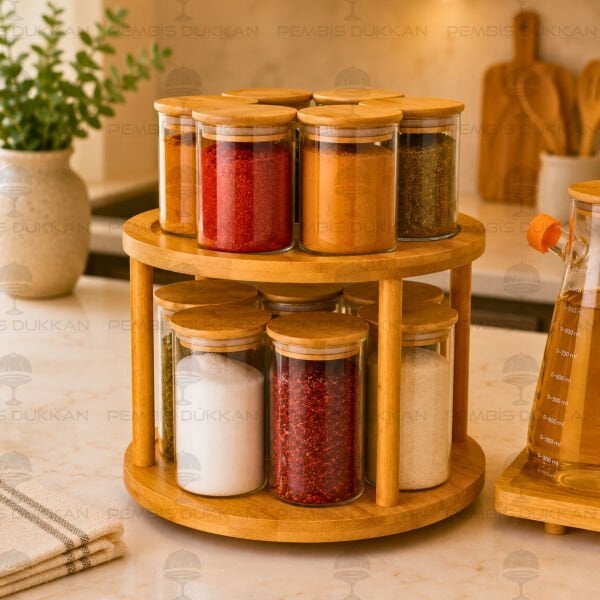 2 Katlı Dönen Tezgah Üstü, 12li Bambu Kapaklı Baharatlık Set (426-6508-6512)