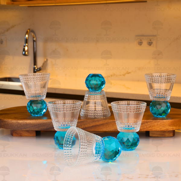 KRİSTAL 6 KİŞİLİK MAVİ KAHVE YANI KADEH