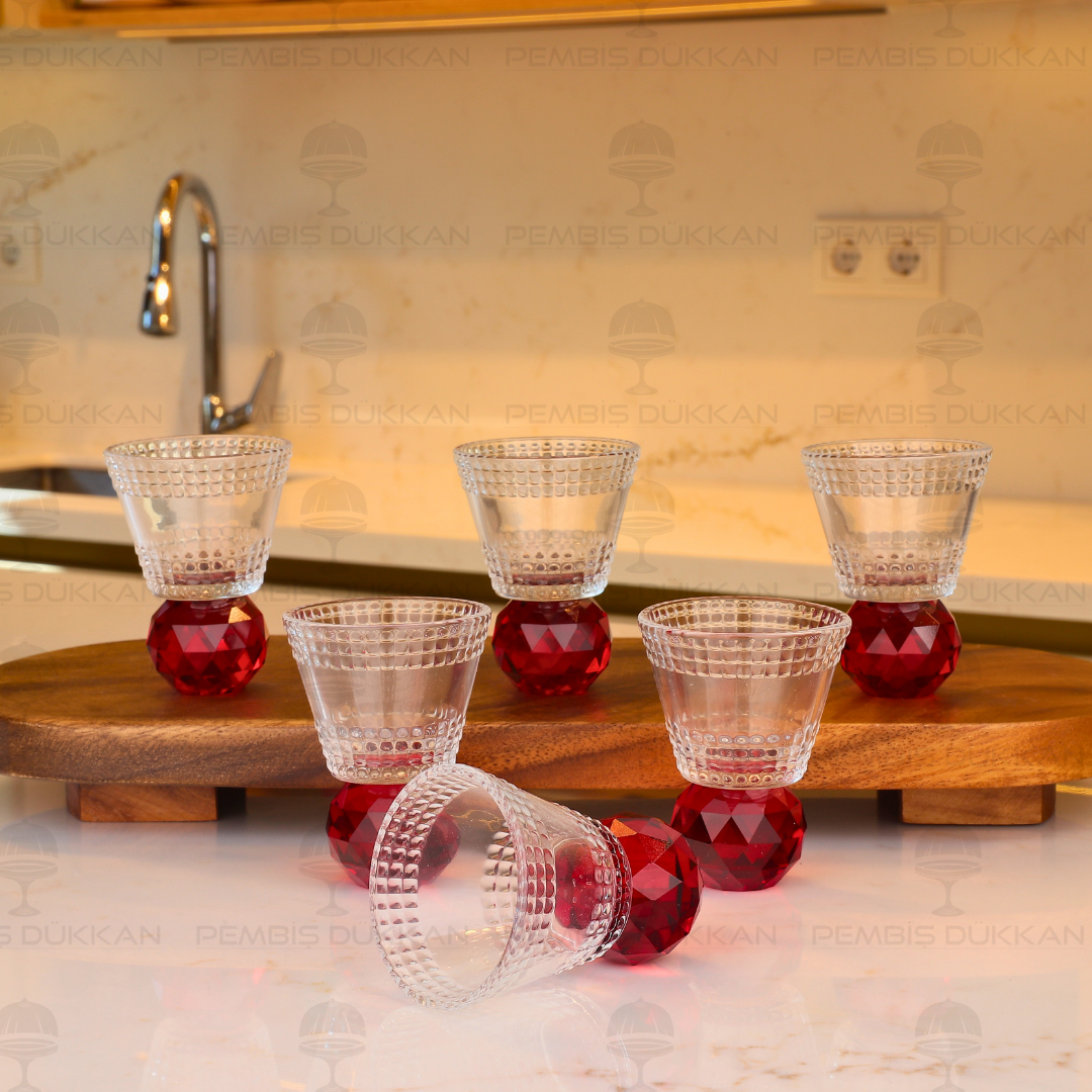 KRİSTAL 6 KİŞİLİK KIRMIZI KAHVE YANI KADEH