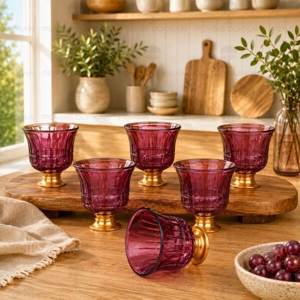 KISA GOLD AYAKLI MOR 6 KİŞİLİK KAHVE YANI KADEH