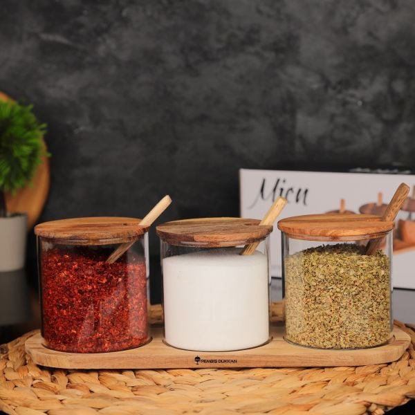 3LÜ KAŞIKLI AKASYA KAPAKLI BAHARATLIK SET