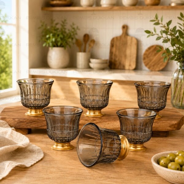KISA GOLD AYAKLI FÜME 6 KİŞİLİK KAHVE YANI KADEH