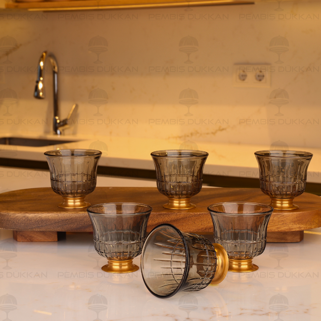 KISA GOLD AYAKLI FÜME 6 KİŞİLİK KAHVE YANI KADEH