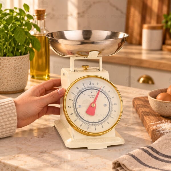 Krem Gold Detaylı Retro Mutfak Terazisi (1t04)