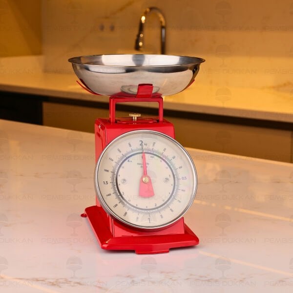 KIRMIZI GÜMÜŞ DETAYLI RETRO MUTFAK TERAZİSİ (1T05)