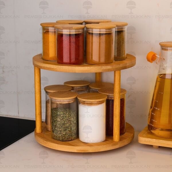 2 Katlı Dönen Tezgah Üstü, 12li Bambu Kapaklı Baharatlık Set (426-6508-6510)