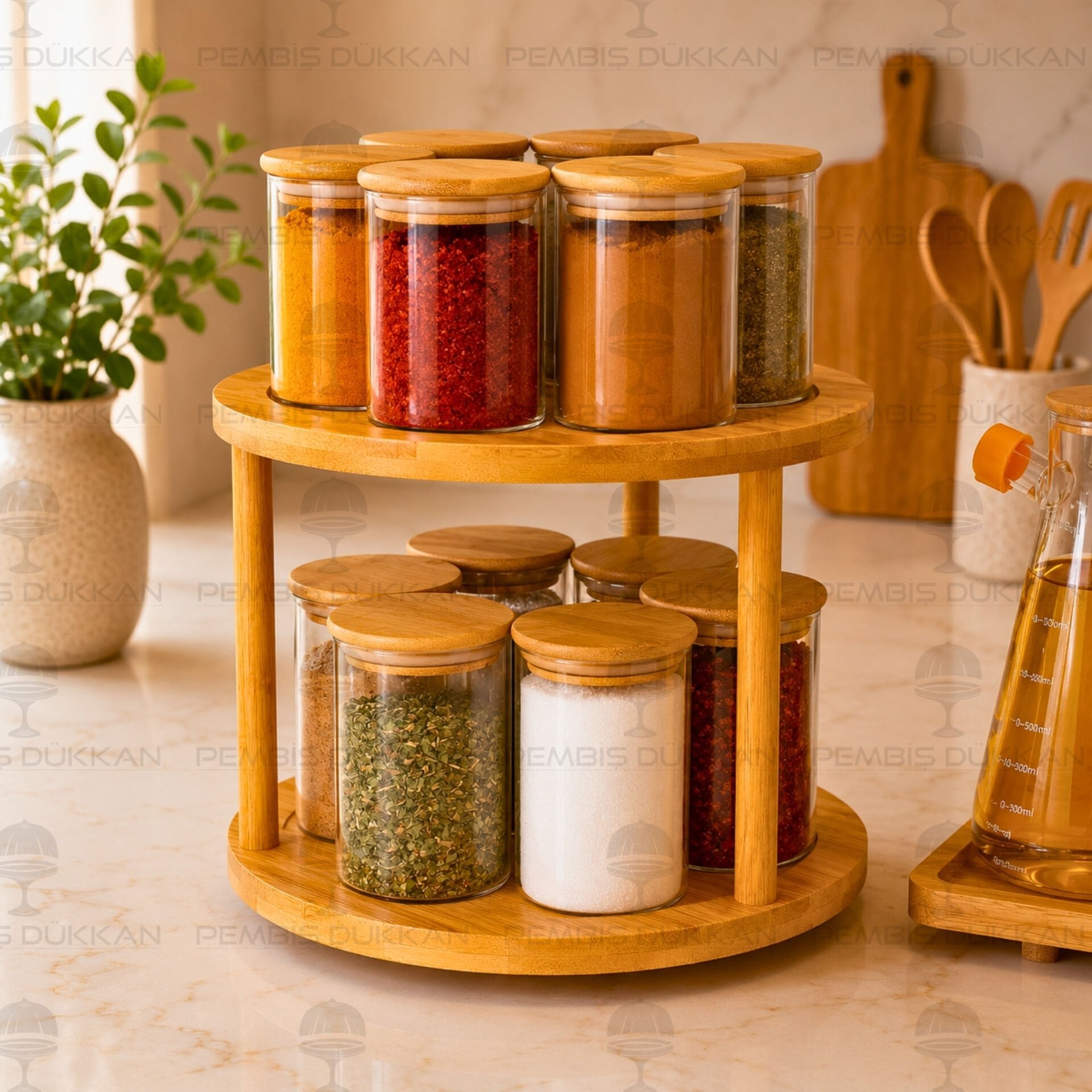 2 Katlı Dönen Tezgah Üstü, 12li Bambu Kapaklı Baharatlık Set (426-6508-6510)