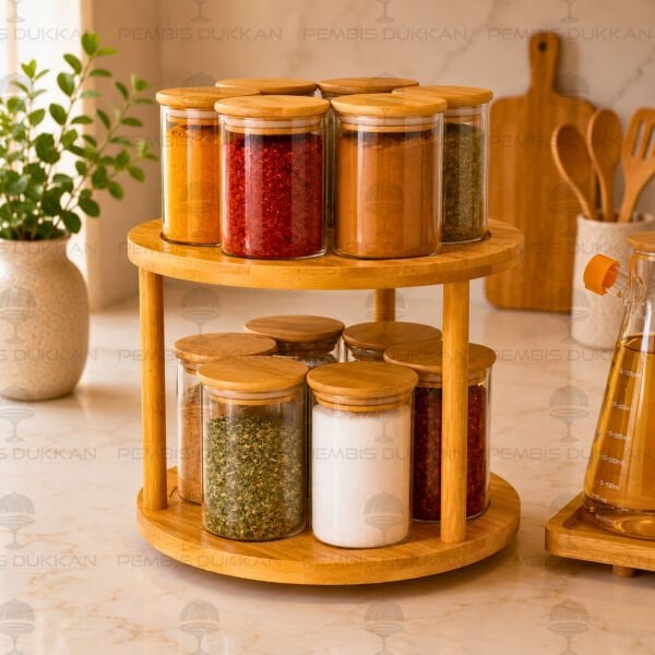2 Katlı Dönen Tezgah Üstü, 12li Bambu Kapaklı Baharatlık Set (426-6508-6510)
