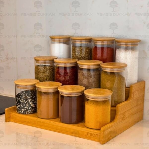 3 Basamaklı Tezgah Üstü, 12li Bambu Kapaklı Baharatlık Kombin Set (330-6508-6510-6512)