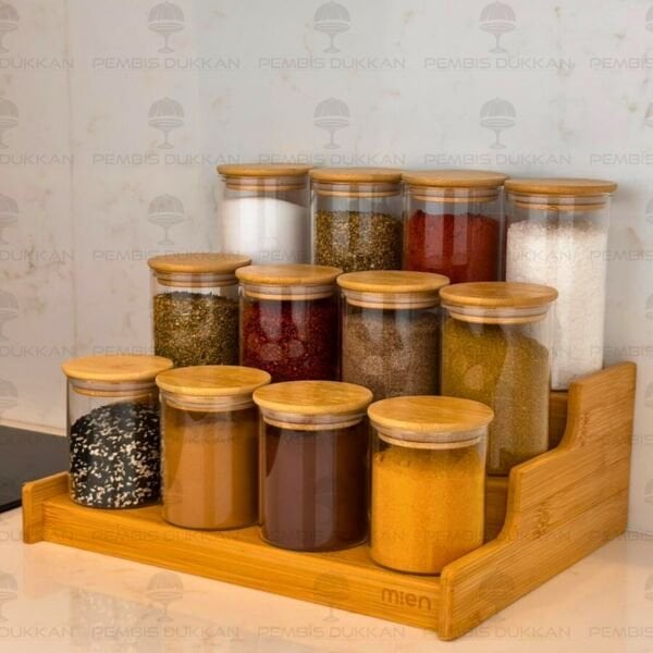 3 BASAMAKLI TEZGAH ÜSTÜ, 12Lİ BAMBU KAPAKLI BAHARATLIK KOMBİN SET (330-6508-6510-6512)