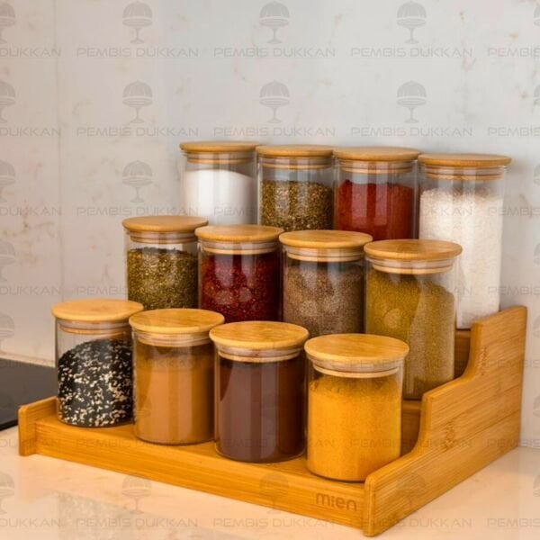 3 BASAMAKLI TEZGAH ÜSTÜ, 12Lİ BAMBU KAPAKLI BAHARATLIK KOMBİN SET (330-6508-6510-6512)