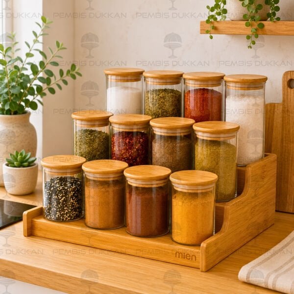 3 BASAMAKLI TEZGAH ÜSTÜ, 12Lİ BAMBU KAPAKLI BAHARATLIK KOMBİN SET (330-6508-6510-6512)