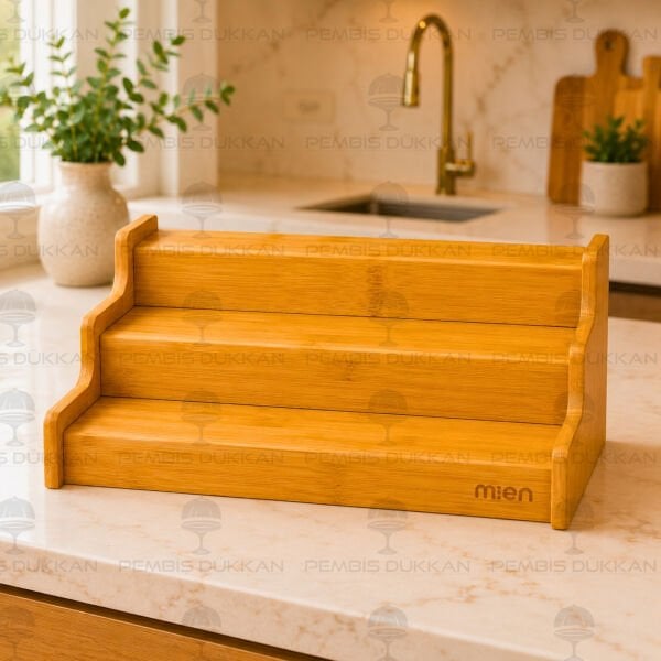 3 Basamaklı Tezgah Üstü, 12li Bambu Kapaklı Baharatlık Kombin Set (330-6508-6510-6512)
