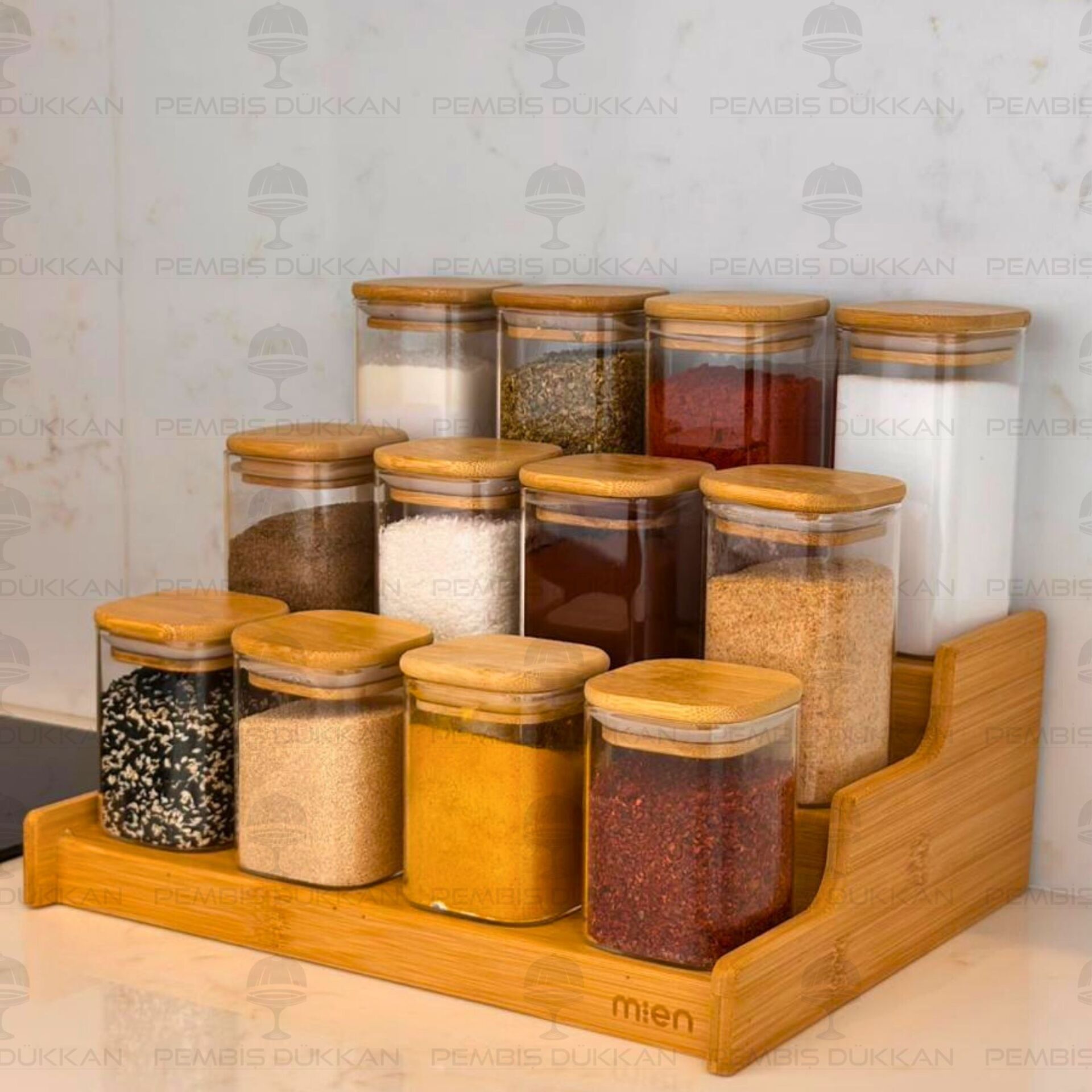 3 BASAMAKLI TEZGAH ÜSTÜ, 12Lİ BAMBU KAPAKLI BAHARATLIK (330-1348-1349-1350)