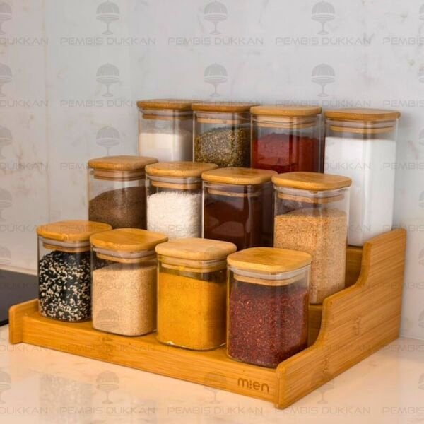 3 BASAMAKLI TEZGAH ÜSTÜ, 12Lİ BAMBU KAPAKLI BAHARATLIK (330-1348-1349-1350)