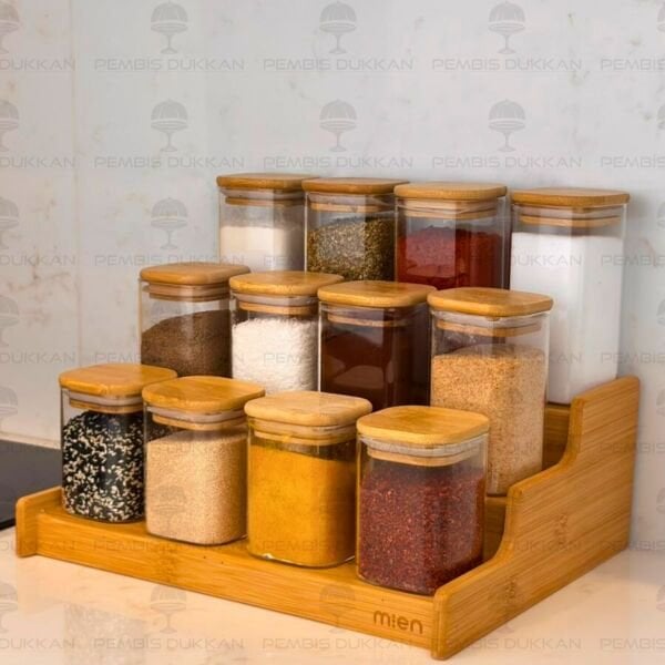 3 BASAMAKLI TEZGAH ÜSTÜ, 12Lİ BAMBU KAPAKLI BAHARATLIK (330-1348-1349-1350)