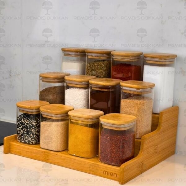 3 BASAMAKLI TEZGAH ÜSTÜ, 12Lİ BAMBU KAPAKLI BAHARATLIK (330-1348-1349-1350)