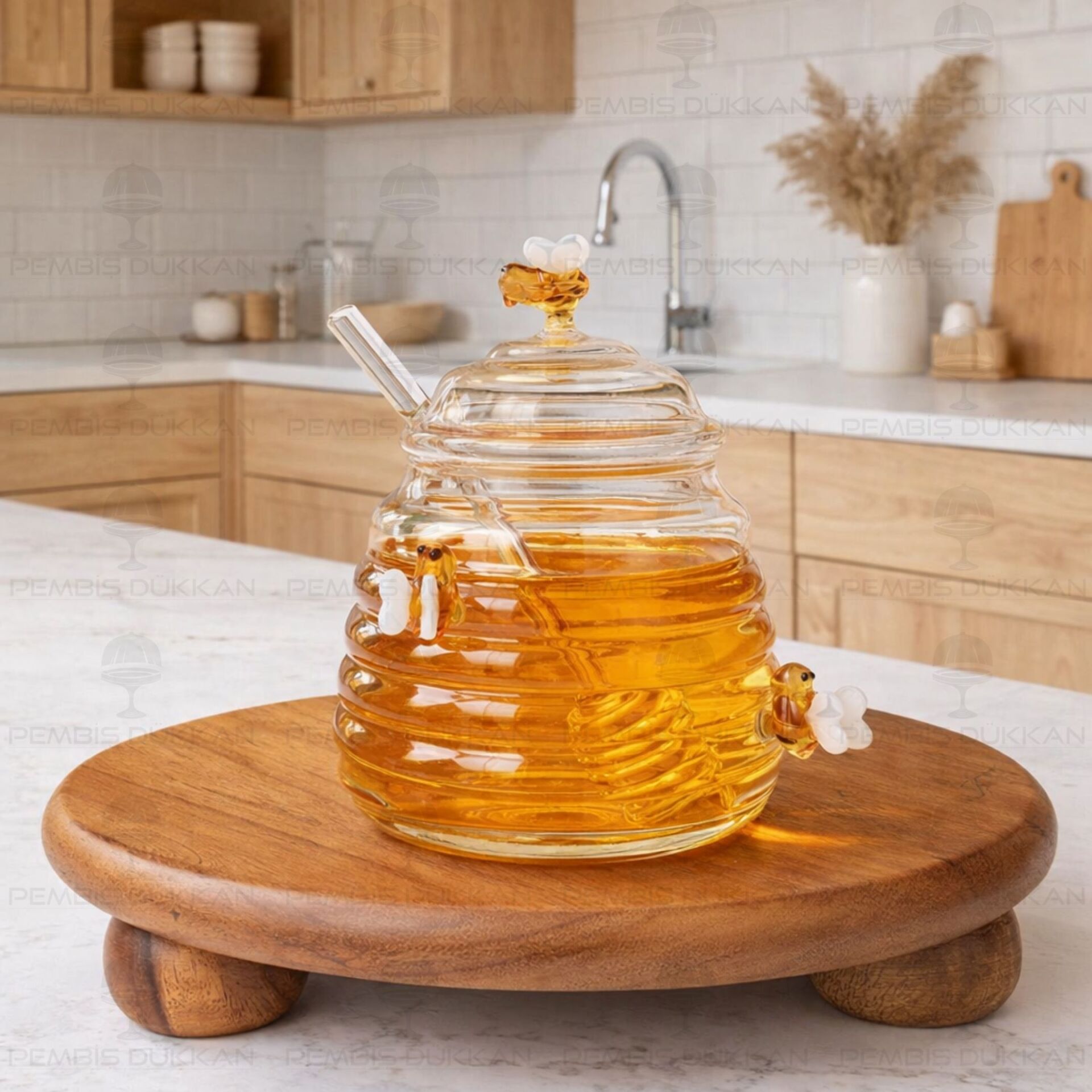 CAM ARI FİGÜRLÜ BAL KAVANOZU & BAL KAŞIĞI (1J42)