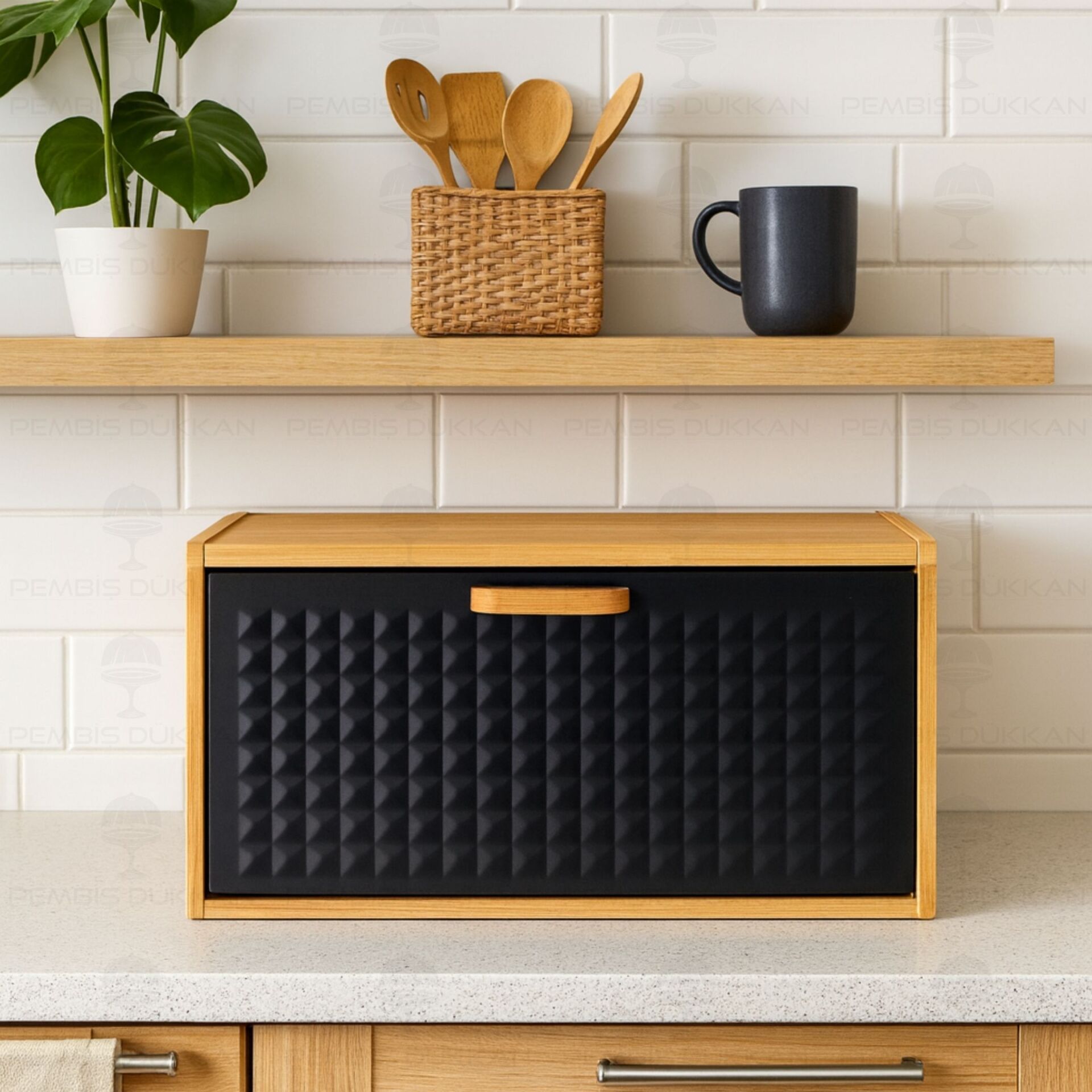 HİRA SİYAH METAL KAPAKLI, BAMBU EKMEKLİK (ST09)