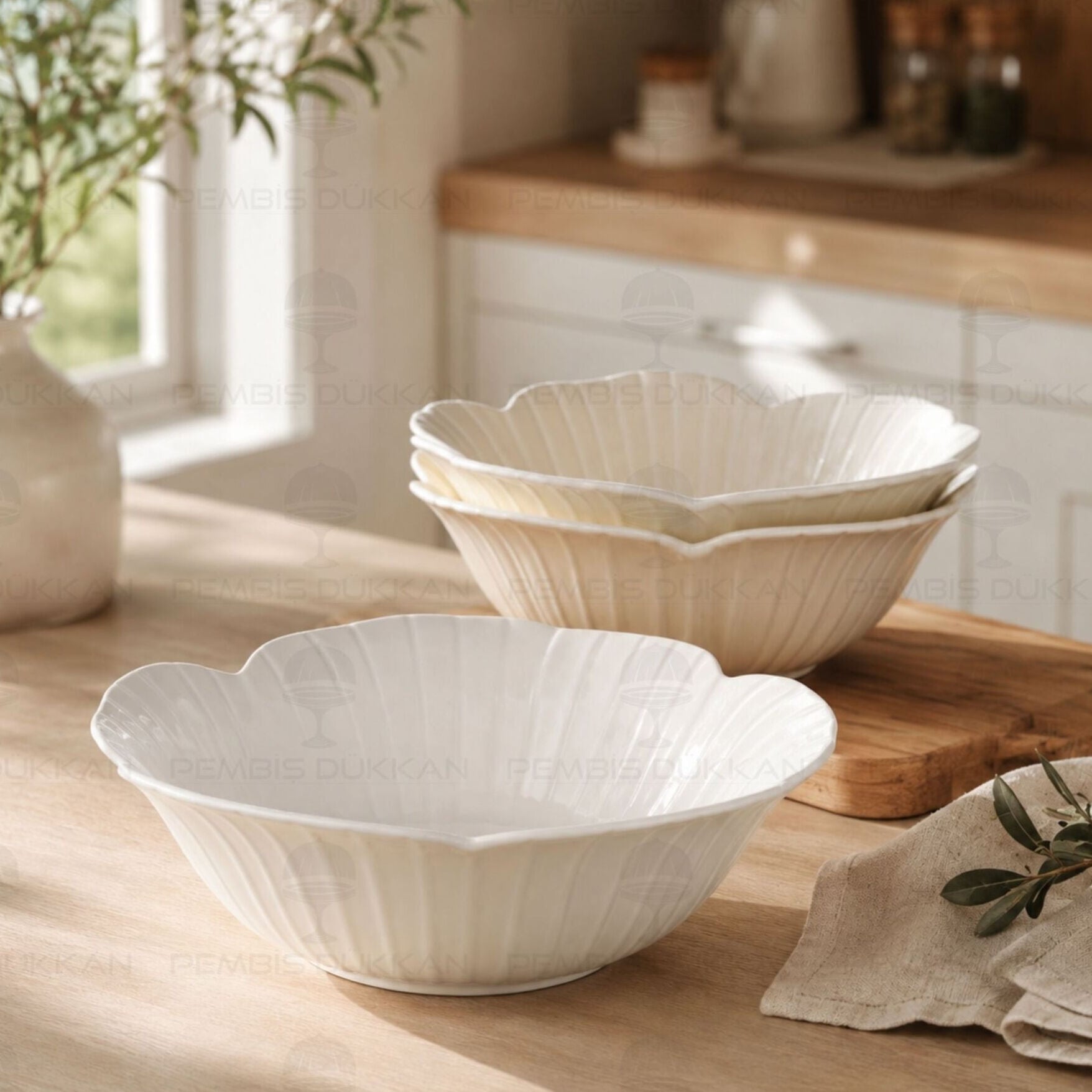 Rose Beyaz Porselen 2li 21cm Porselen Derin Masa Ortası Salata & Meze Servis (26105)