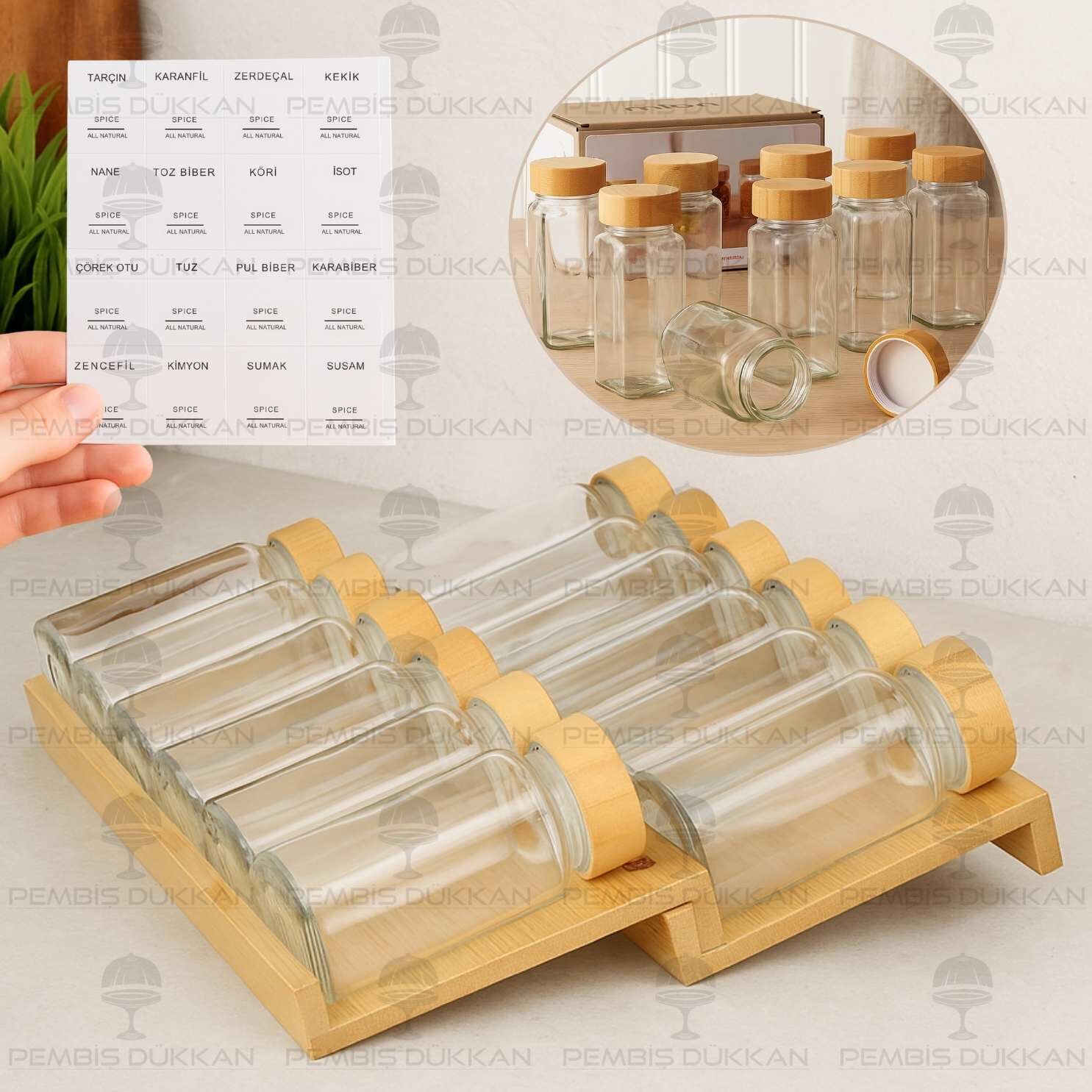 ÇEKMECE İÇİ 2 BASAMAKLI, 12Lİ BAMBU KAPAKLI BAHARATLIK SET (1355)
