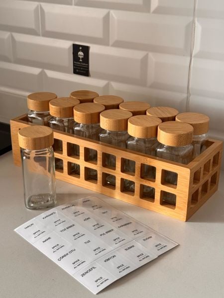 12'Lİ BAMBU KAPAKLI KAFES KASA BAHARATLIK KOMBİN SET 1281