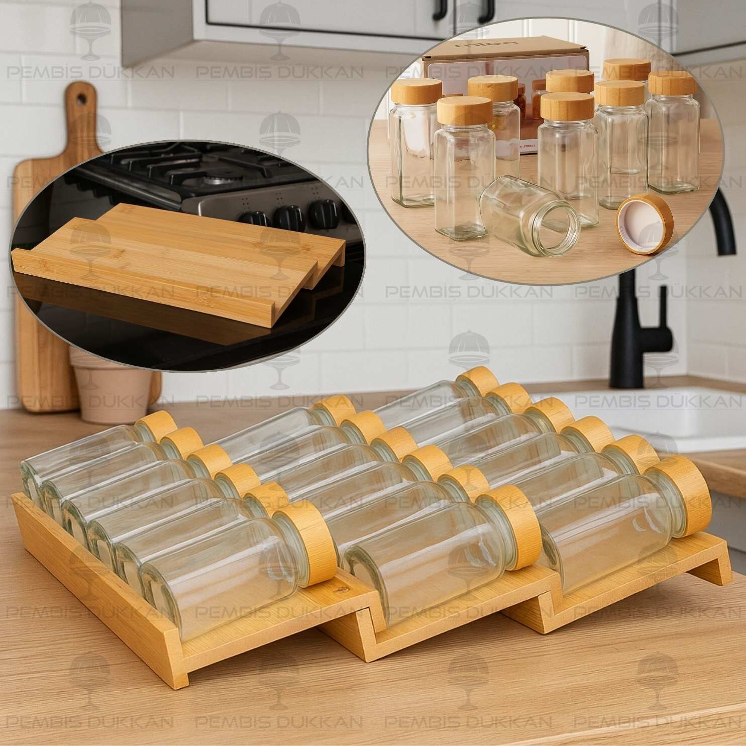 ÇEKMECE İÇİ 3 BASAMAKLI, 18Lİ BAMBU KAPAKLI BAHARATLIK SET (1355)