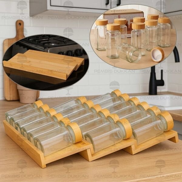 ÇEKMECE İÇİ 3 BASAMAKLI, 18Lİ BAMBU KAPAKLI BAHARATLIK SET (1355)