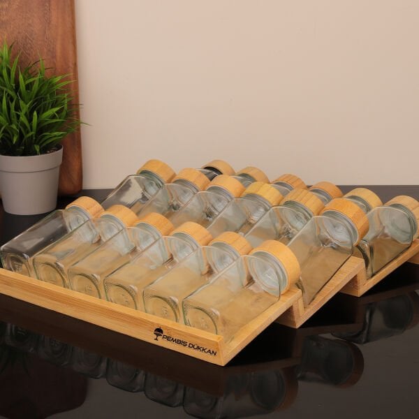 ÇEKMECE İÇİ 3 BASAMAKLI, 18Lİ BOHEM BAMBU KAPAKLI BAHARATLIK SET (1355)