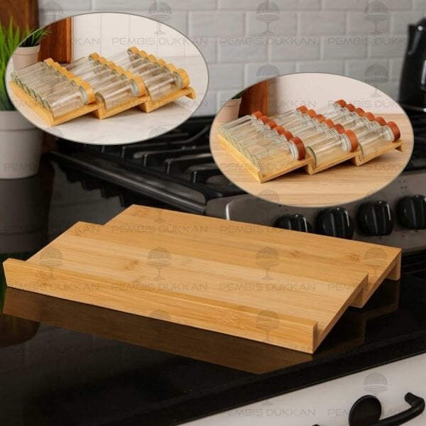 ÇEKMECE İÇİ 3 BASAMAKLI, 18Lİ BOHEM BAMBU KAPAKLI BAHARATLIK SET (1355)