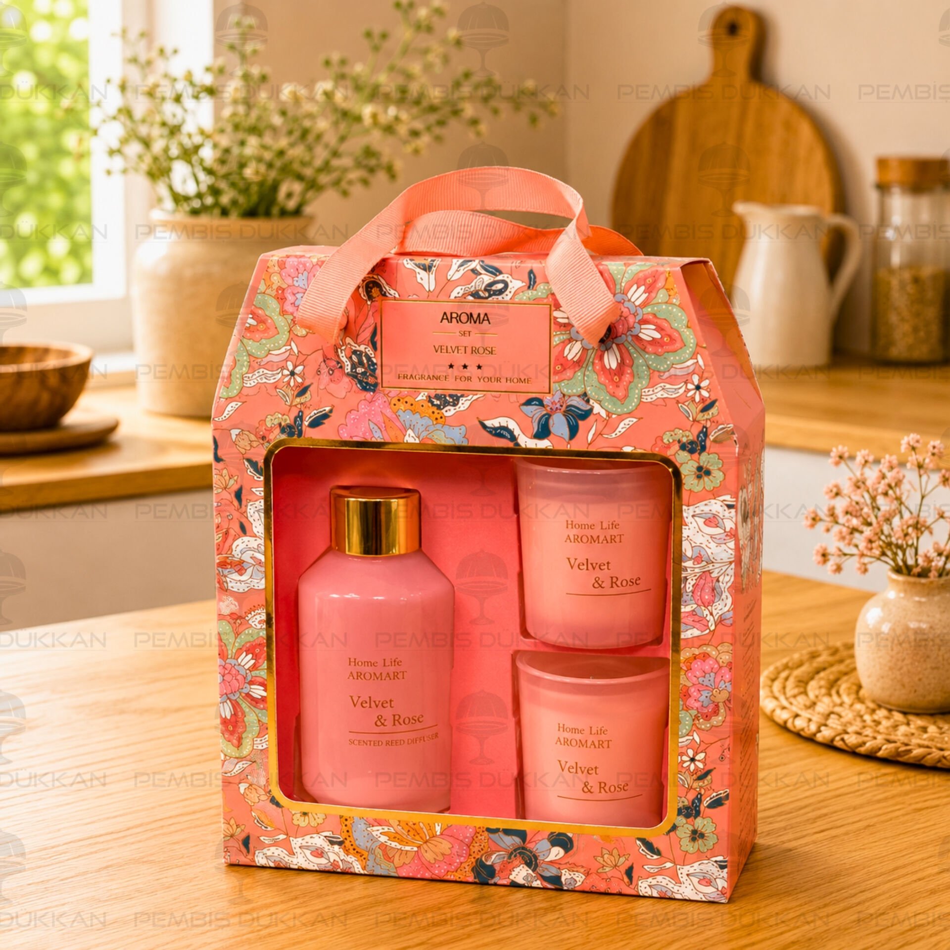 3 PARÇA VELVET ROSE ODA KOKULU & MUMLU SET