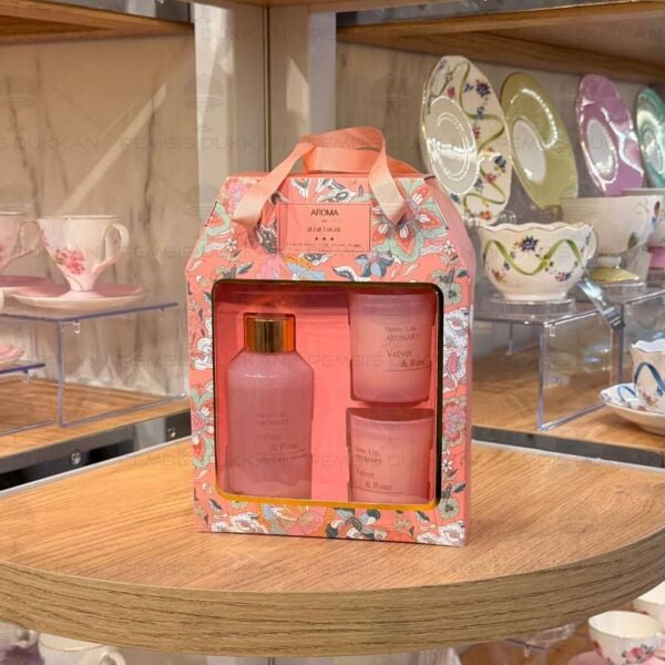 3 PARÇA VELVET ROSE ODA KOKULU & MUMLU SET