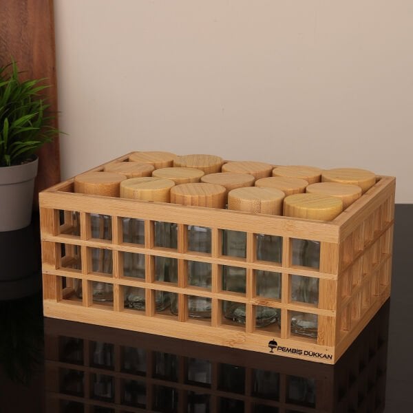 BAMBU KAFES STANDLI, 15Lİ BOHEM BAMBU KAPAKLI BAHARATLIK SET (7B13)