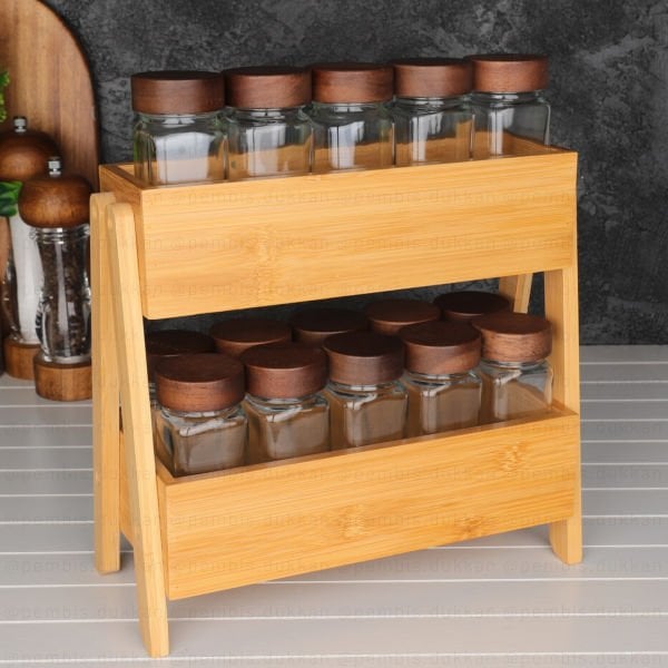 BAMBU 2 KATLI ORGANİZER RAF AKASYA KAPAKLI  BAHARATLIK KOMBİN SET (7B52)