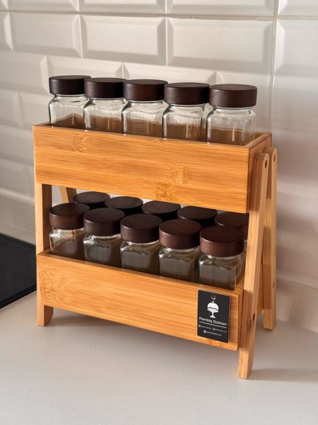 BAMBU 2 KATLI ORGANİZER RAF AKASYA KAPAKLI  BAHARATLIK KOMBİN SET (7B52)