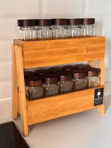 BAMBU 2 KATLI ORGANİZER RAF AKASYA KAPAKLI  BAHARATLIK KOMBİN SET (7B52)