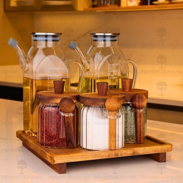 5Lİ AKASYA STANDLI KARE METAL & VALORE OCAK YANI YAĞDANLIK KOMBİN SET (8B70)