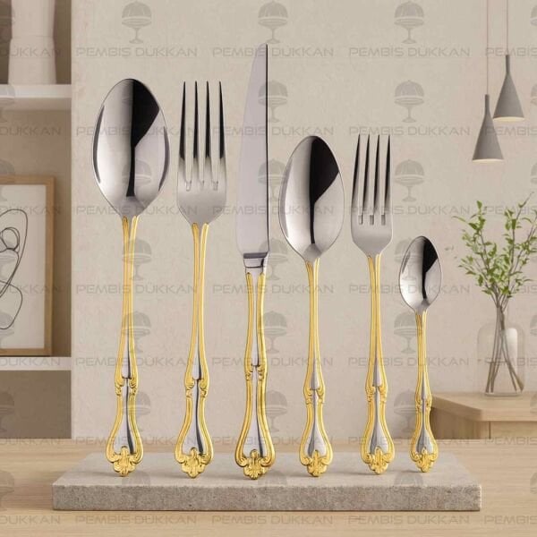 6 KİŞİLİK NEHİR LALEZAR ALTIN 36 PARÇA PASLANMAZ ÇELİK ÇKB SET