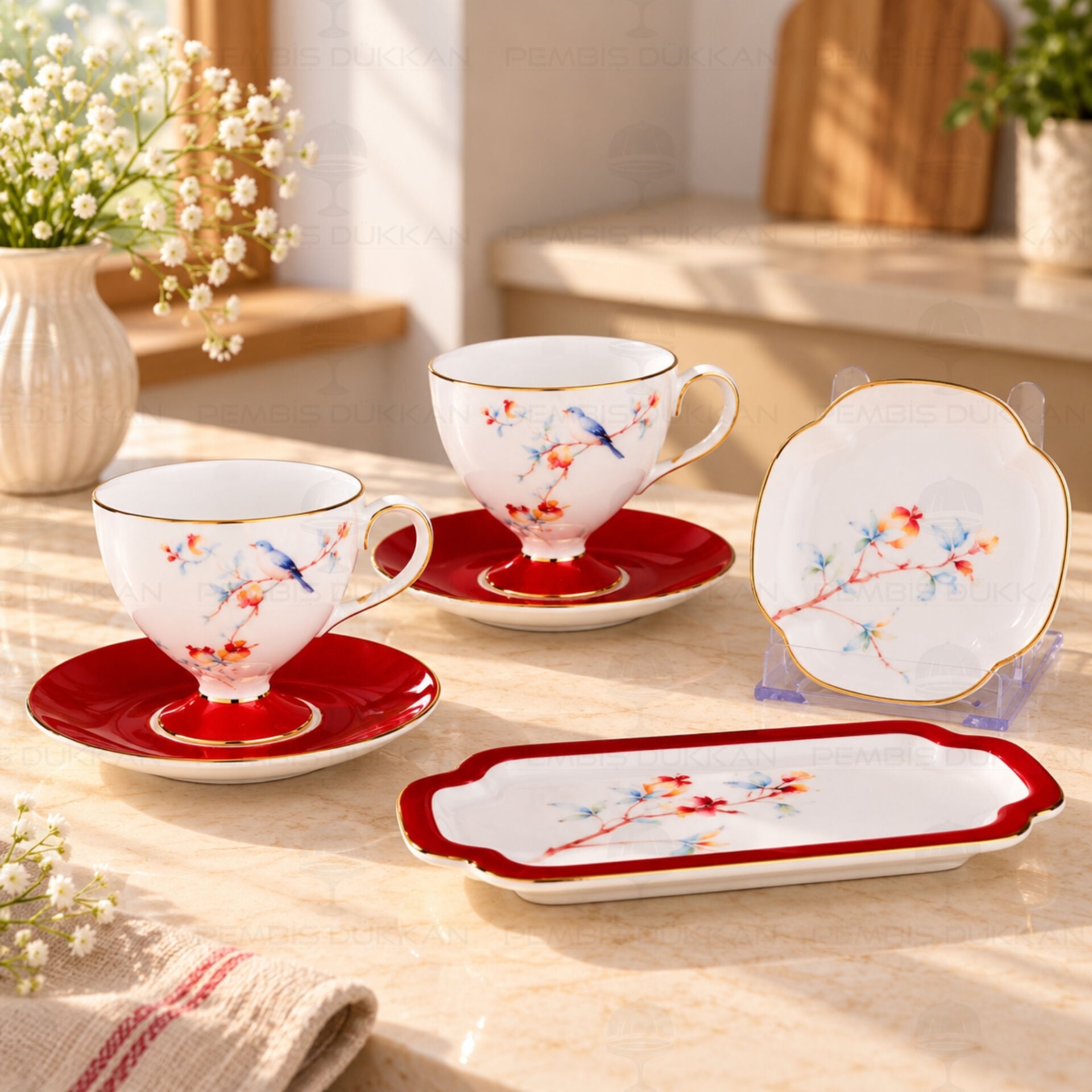 Kırmızı Royal Charme-Veronıca 2 Kişilik Sunumluklu Kahve Fincanı (Roy-0097)