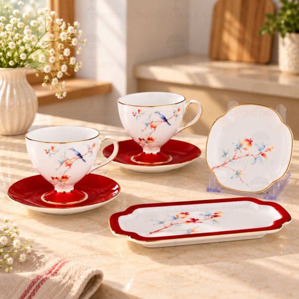 Kırmızı Royal Charme-Veronıca 2 Kişilik Sunumluklu Kahve Fincanı (Roy-0097)