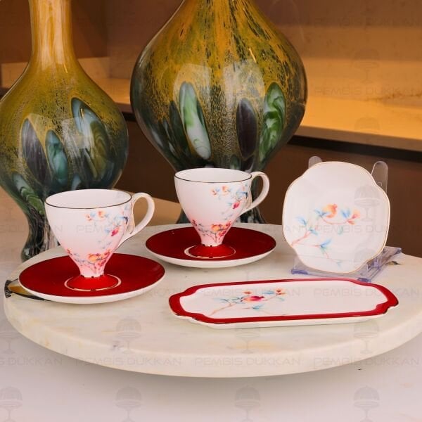 KIRMIZI ROYAL CHARME-VERONICA 2 KİŞİLİK SUNUMLUKLU KAHVE FİNCANI (ROY-0097)