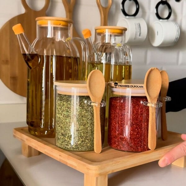 BAMBU YAĞDANLIK GLA02 & KAŞIKLI BAHARATLIK KOMBİN SET N0 1