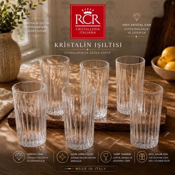 RCR Cristalleria Italiana Timeless 6'lı Uzun Meşrubat Bardağı 440 ml