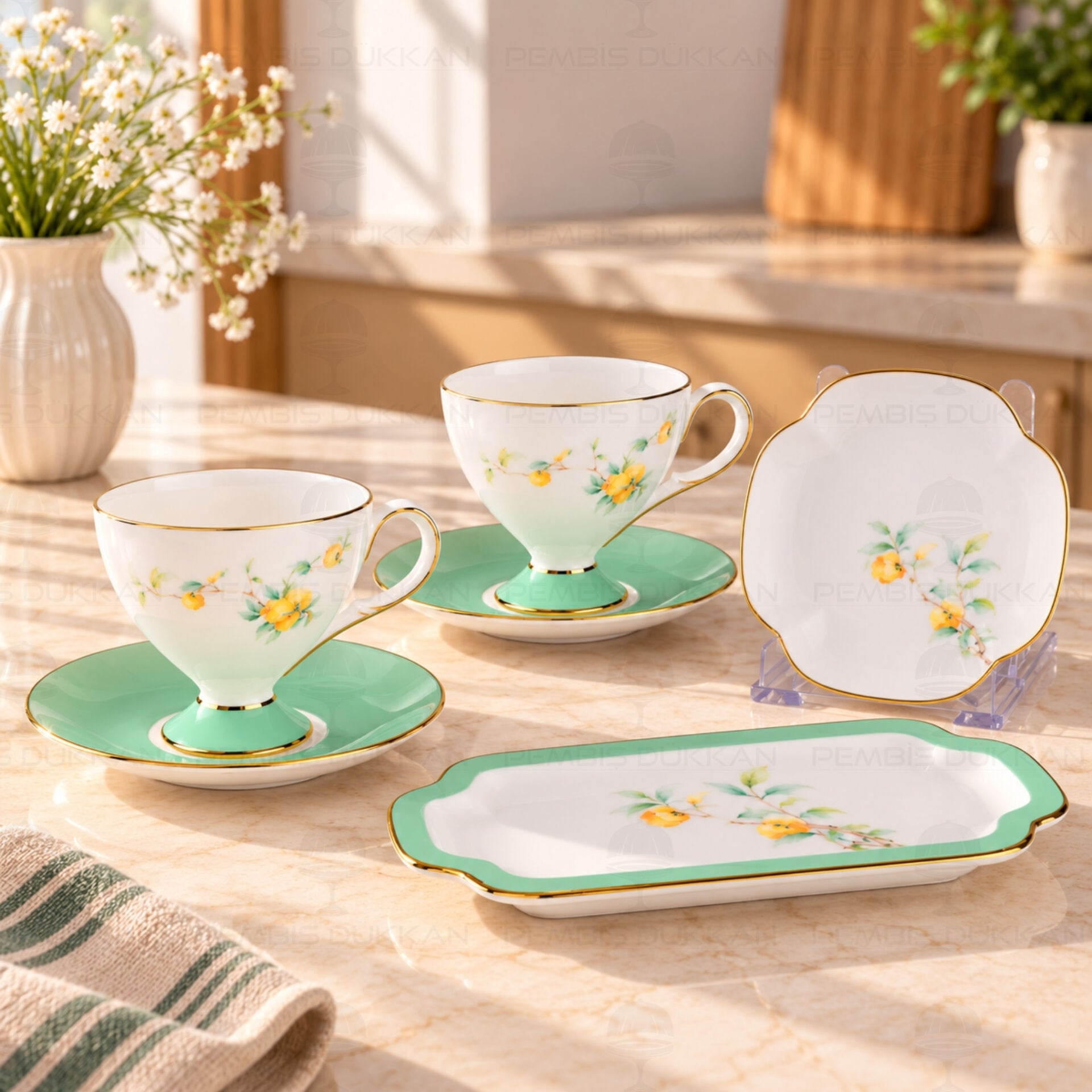 Yeşil Royal Charme-Veronıca 2 Kişilik Sunumluklu Kahve Fincan Takımı (Roy-0099)