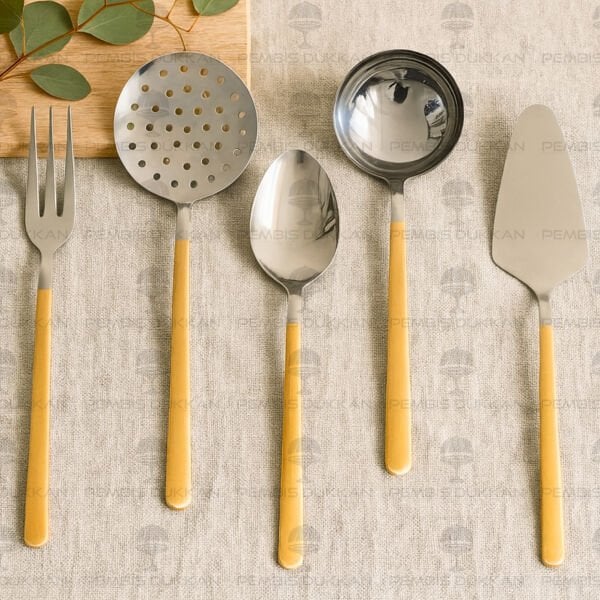 NEHİR SOFİA ALTIN 5 PARÇA PASLANMAZ ÇELİK, KEPÇE KAŞIK KEVGİR SERVİS TAKIMI