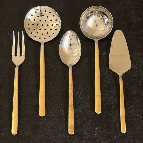 NEHİR SOFİA ALTIN 5 PARÇA PASLANMAZ ÇELİK, KEPÇE KAŞIK KEVGİR SERVİS TAKIMI
