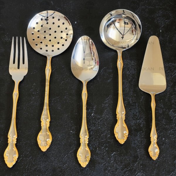 NEHİR ADRİANA ALTIN 5 PARÇA PASLANMAZ ÇELİK, KEPÇE KAŞIK KEVGİR SERVİS TAKIMI